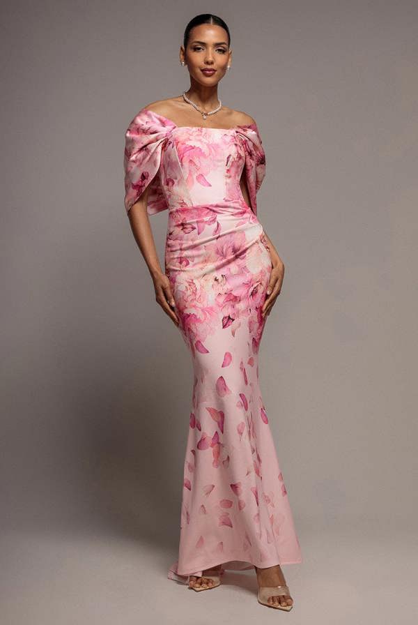 Printed Off Shoulder Satin Bow Back Maxi Dress - Blush Pink DR5282