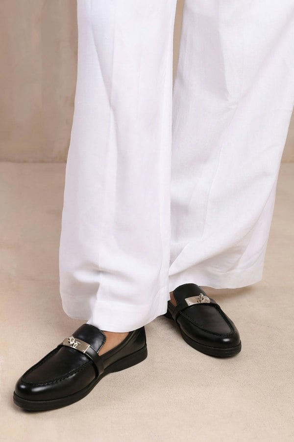 Where's That From Monaco Slip on Loafers With Metal Detailing in Black Faux Leather