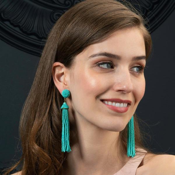 Long Turquoise Blue Beaded Tassel Earrings for Women - namana.london