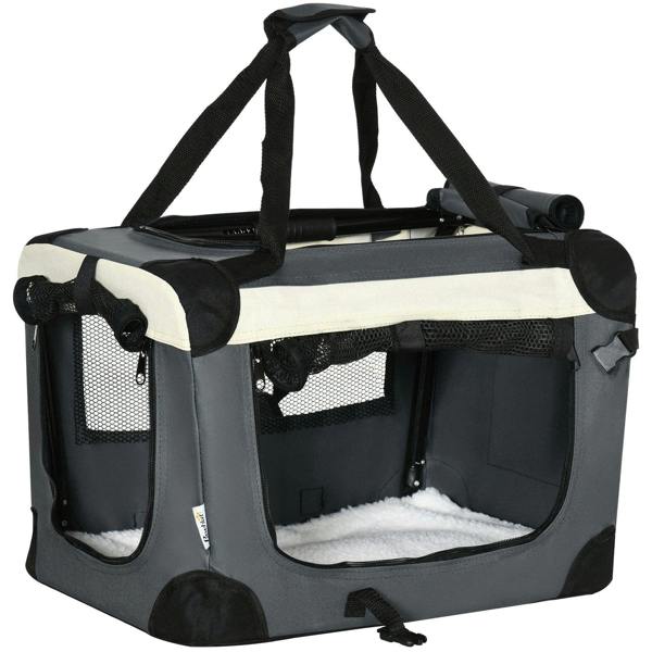 Grey foldable pet carrier with mesh windows, top handle, and cushioned mat.