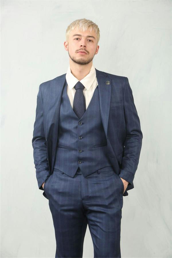 Infinity Leather Men's 3 Piece Prince Of Wales Blue Suit Workwear