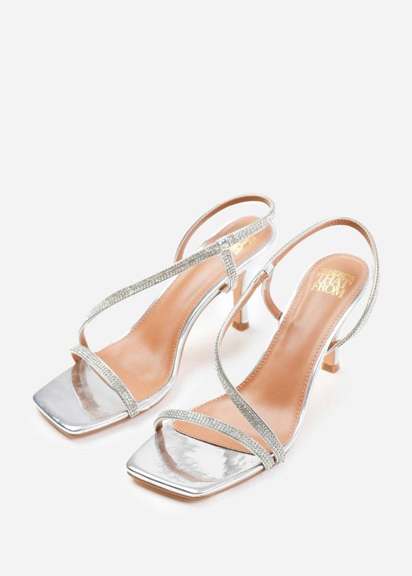 Where's That From Ivy Crystal Cross Foot Strap Mid Heels in Silver Metallic