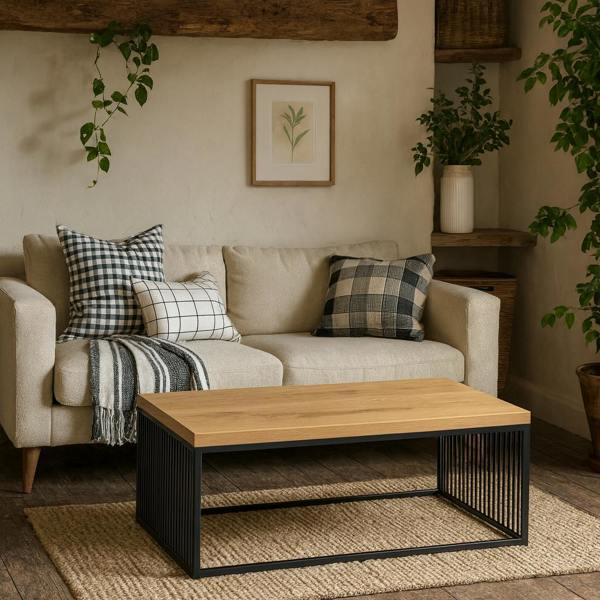 Wyld Haus Porto Wild Oak Effect Coffee Table Black Steel Wire Base