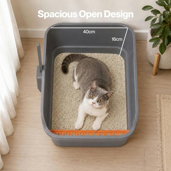 Skylos Cat Litter Tray Spacious High Sided Low Entry Open Pan for Cats Grey