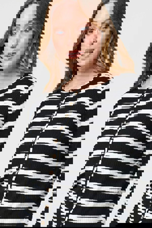 Black | Stripe Print Button-Up Knit Cardigan
