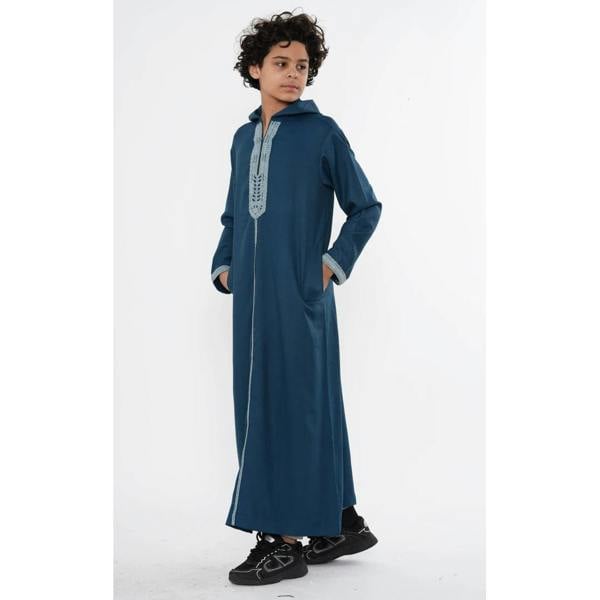 Boy's Moroccan Thobe Hooded Gandoura Embroidery Jubba - Aqua - Thobez - 13