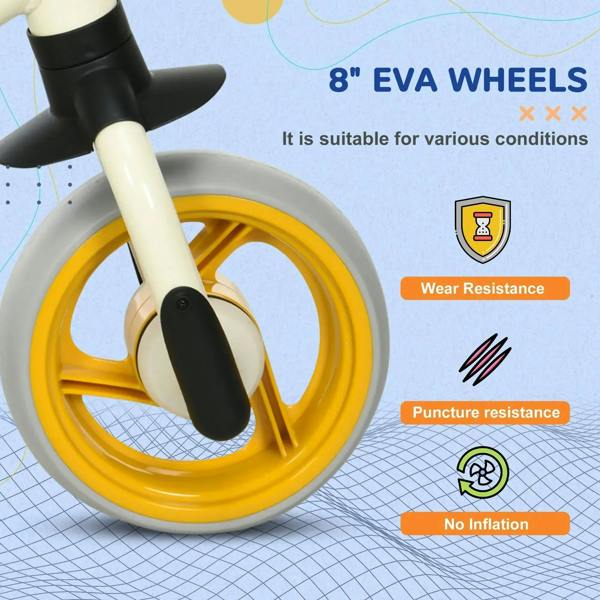 Children's balance bike with yellow EVA wheels and black front fork