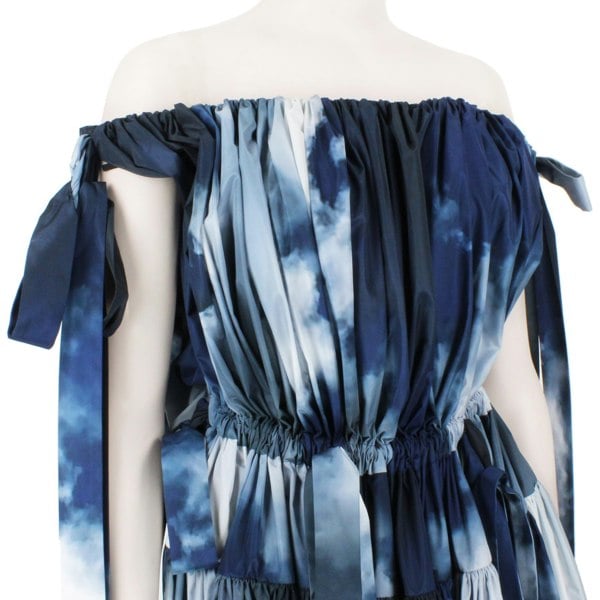 Alexander McQueen blue and white sky cloud pattered off the shoulder full dress