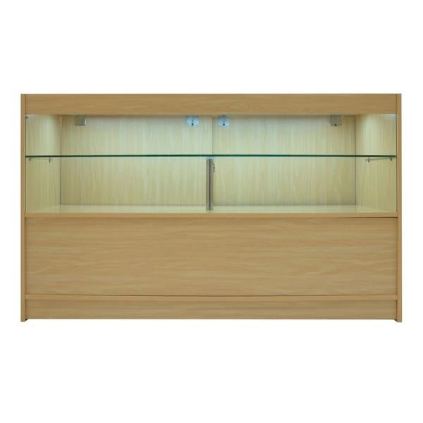Maple LED shop counter set featuring a sleek design, glass shelves, and integrated lighting for enhanced product display