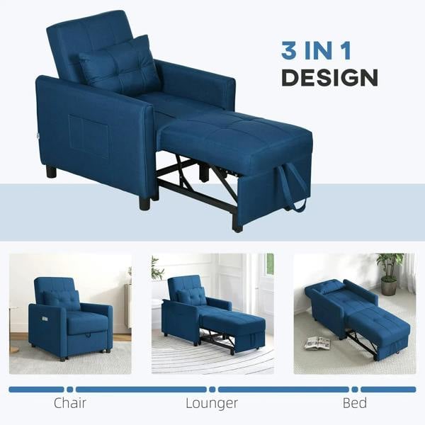 Blue single chair bed shown as chair, lounger, and bed with lift-up foot section