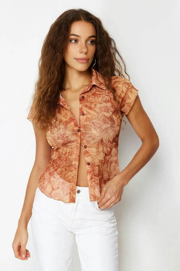 WOVCOR Fitted Shirt Collar Tulle Knit Blouse