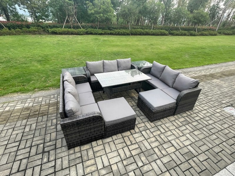 Fimous Wicker PE Rattan Sofa Outdoor Garden Furniture Set with Rectangular Dining Table 2 Big Footstool 2 Side Tables Dark Grey Mixed
