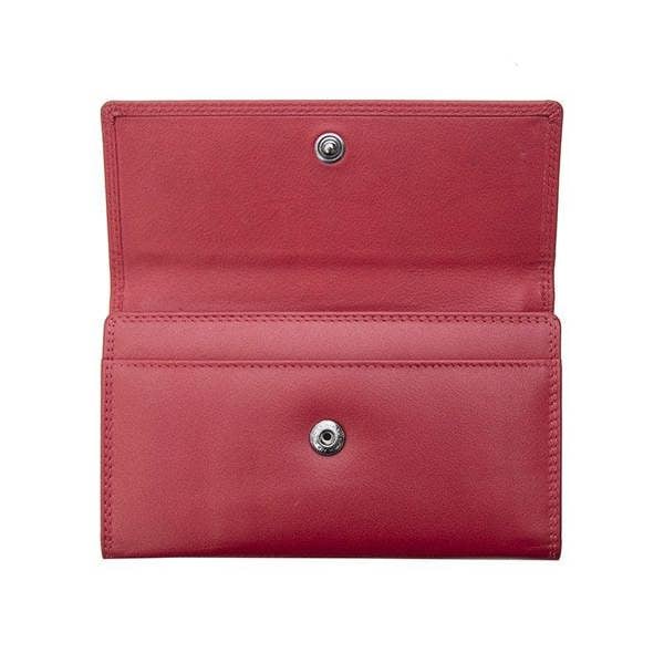 Red leather wallet with metal buttons on a white background