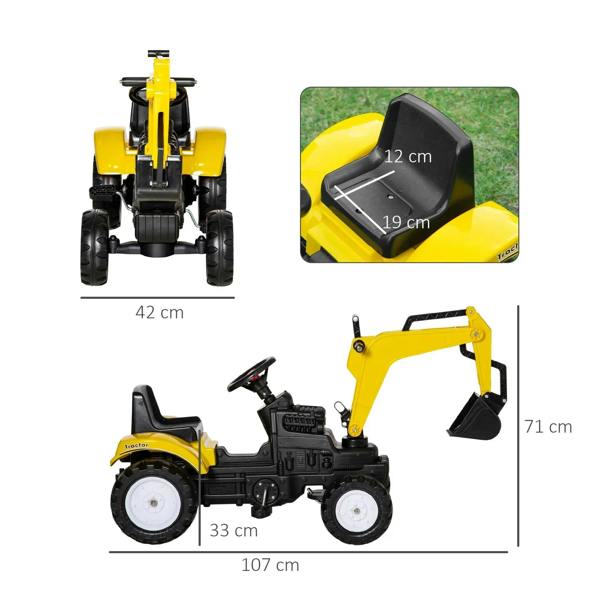 Kids yellow pedal digger ride-on with front bucket, seat, and four white wheels