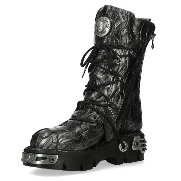 New Rock M-591-C63 Mid-Calf High Black Steel Leather Metallic Gothic Boots