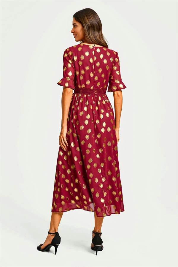 FS Collection Gold Foil Long Sleeve Lace Trim V Neck Maxi Dress In Wine