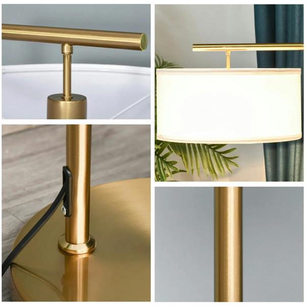 Close-up details of gold floor lamp pole and white drum shade