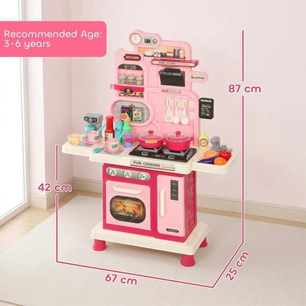 Play Kitchen, 33 PCS Kids Kitchen Playset with Lights, Sounds, Storage, Circulating Water Sink for 3-6 Years, Pink