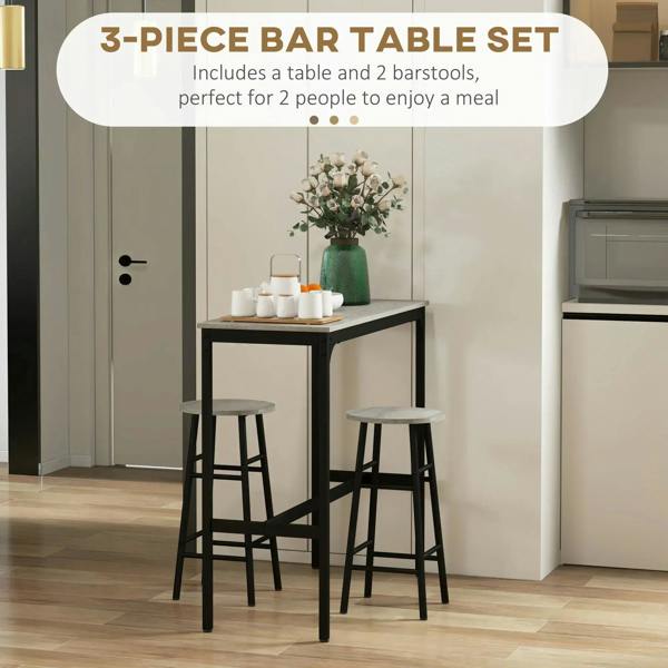 Industrial bar table set with grey top and two grey stools, black metal frame