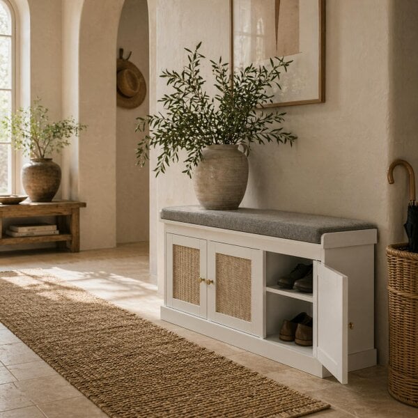 Wyld Haus Wooden White Shoe Bench With 3 Woven Rattan Doors And Grey Padded Seat