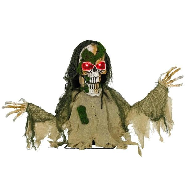 Animated Halloween skeleton decoration with glowing red LED eyes, black hood and khaki fabric
