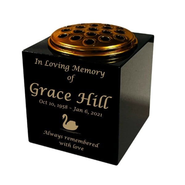Memorials Direct Granite Memorial Vase- Solid Granite – Free Personalised Gold Engraving, Swan 2 – Includes Metal Flower Pot Insert
