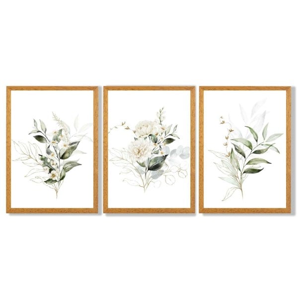 White an Green Floral Bouquets Set of 3 Framed Art Prints with Oak Wooden Frames