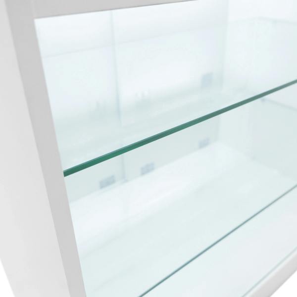White LED retail shop counter K1500 featuring sleek glass shelves and a modern design, ideal for showcasing products