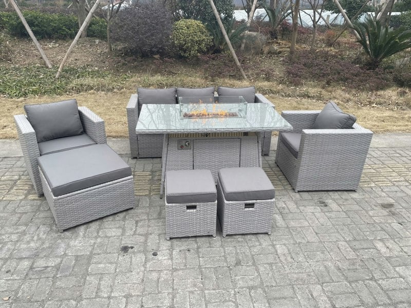 Fimous Light Grey Rattan Fire Pit Garden Furniture Set Gas Heater Burner Chairs With 3 PC Stools