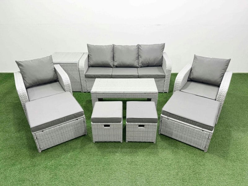 Fimous PE Wicker Rattan Furniture Sofa Sets with Oblong Coffee Table 3 Seater Sofa 4 Stools Side Table Light Grey Mixed