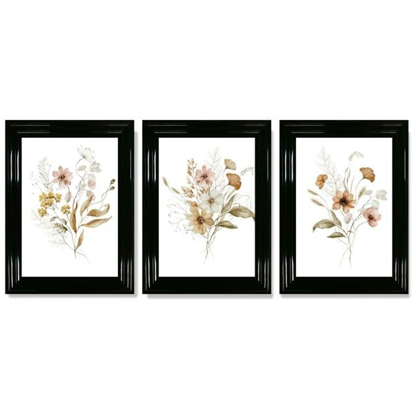 Autumn Wild Flower Bouquets Set of 3 Framed Art Prints with Glossy Black Frames