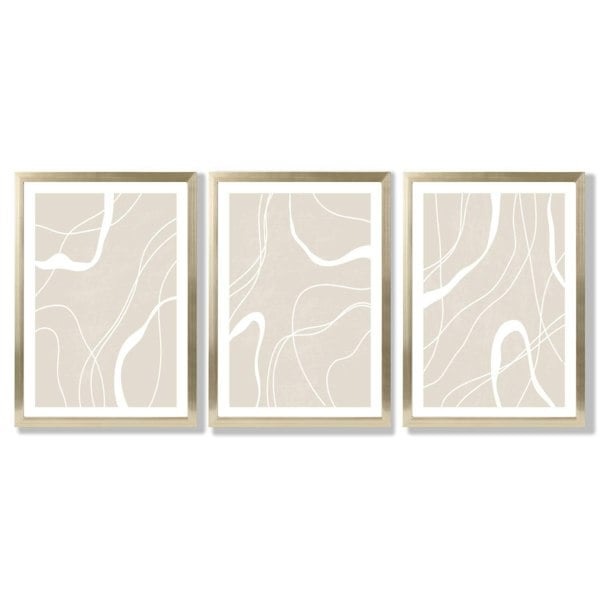 Set of 3 Abstract Neutral Beige Framed Art Prints with Gold Wood Frames