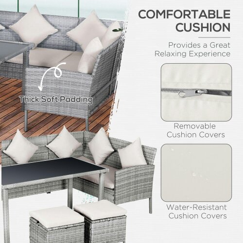 Wyld Haus Mora Rattan 7 Seater Outdoor Dining Set with Sofa 2 Footstools and Rectangular Table