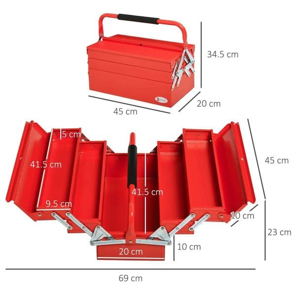 Red 3-tier metal toolbox with open trays and latch hardware, size diagram