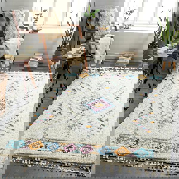 Livabliss Lofty-Shaggy Ivory Orange Blue Vintage Boho Plush Soft Pile Fringe Rug