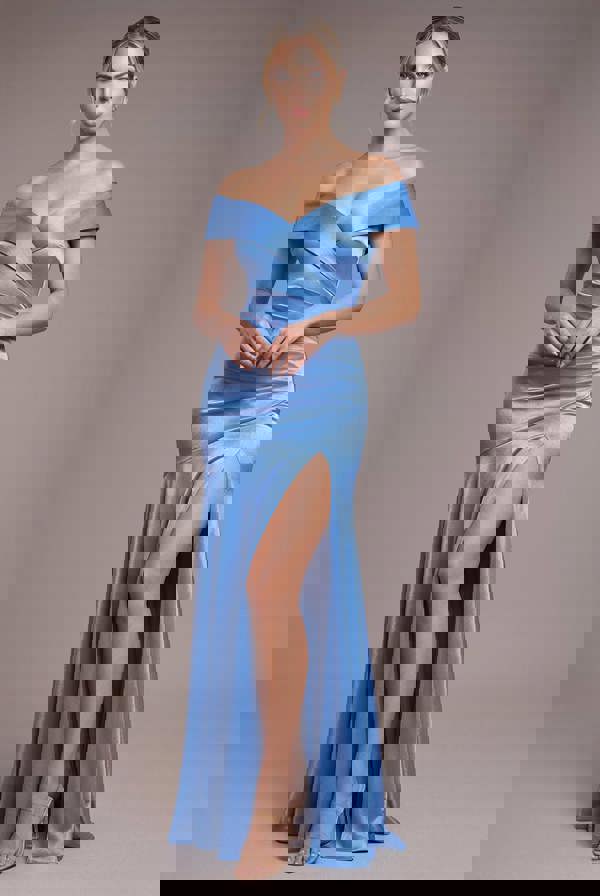 Satin Off Shoulder Pleated Maxi Dress - Dusty Blue DR3731