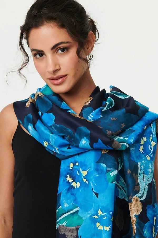 Blue | Floral Border Print Shawl Scarf
