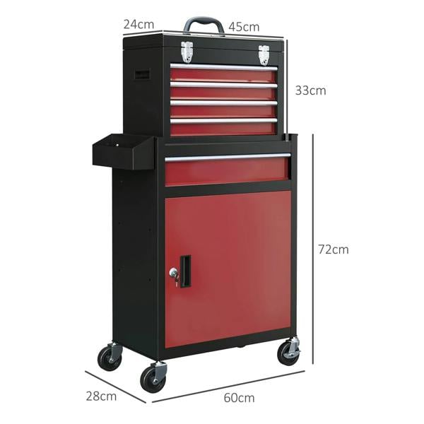 Tool storage chest on wheels with black frame, red cabinet door, and stacked red drawers