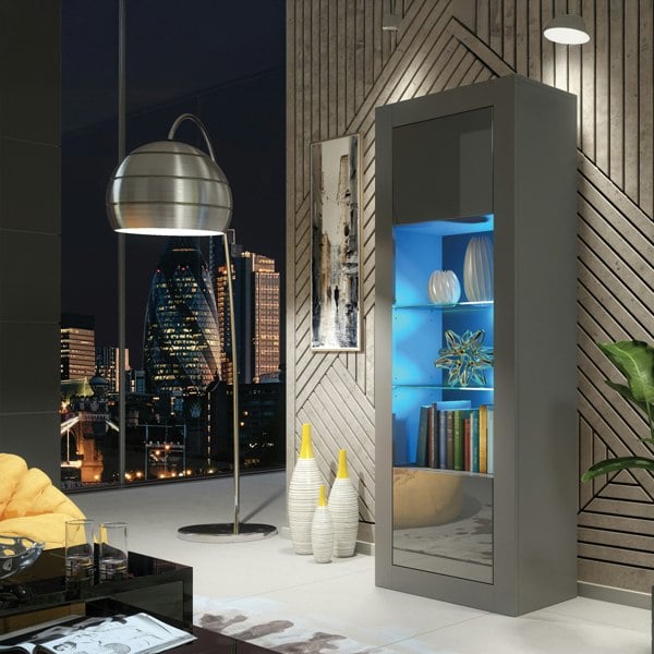 Mex Furniture Charming Modern Display Cabinet 170cm with Free LED – Dark Grey High Gloss Doors
