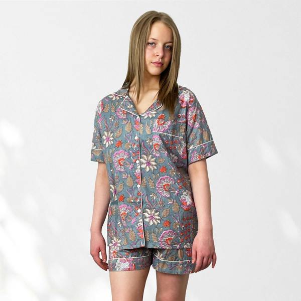Hayley & Co Floral 100% Cotton Short Pyjama Set in Grey and Pink