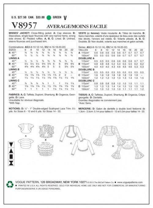 Vogue Sewing Pattern 8957, Jackets for Women, 6-8-10-12-14 - Intermediate