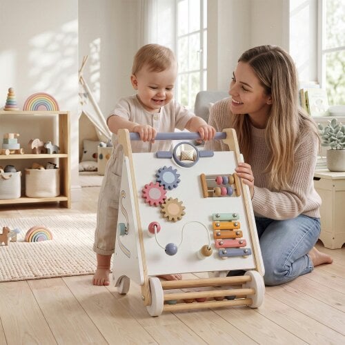AIYAPLAY Wooden Baby Walker, Adjustable Speed for Toddlers 1.5-3Y, White
