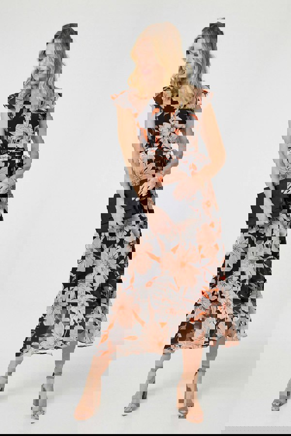 Black | Floral Frill Asymmetric Wrap Midi Dress
