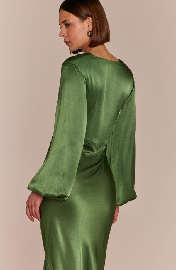 Rewritten London Valencia Dress in Olive Viscose Satin