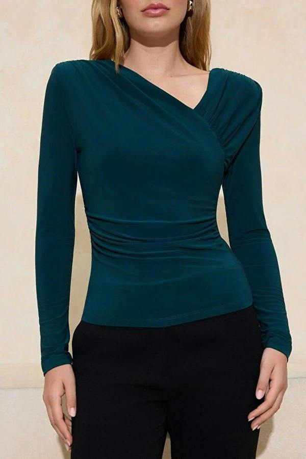 WOVCOR Asymmetrical Neck Long Sleeve Stretch Knit Blouse