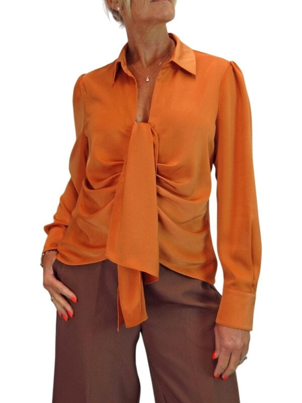 Paulo Due Women's Long Sleeve Tie Front Satin Blouse Shirt - Orange