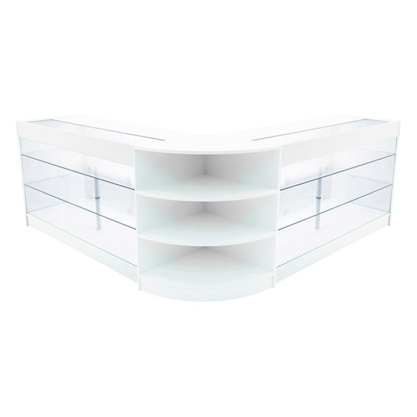 White Apollo LED shop counter set featuring a sleek, modern design with glass shelves and curved edges, ideal for retail displays