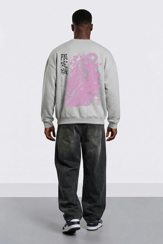 London Attitude Oversized Heavyweight Japanese Dragon & Floral Graphic Sweatshirt - Heather Grey