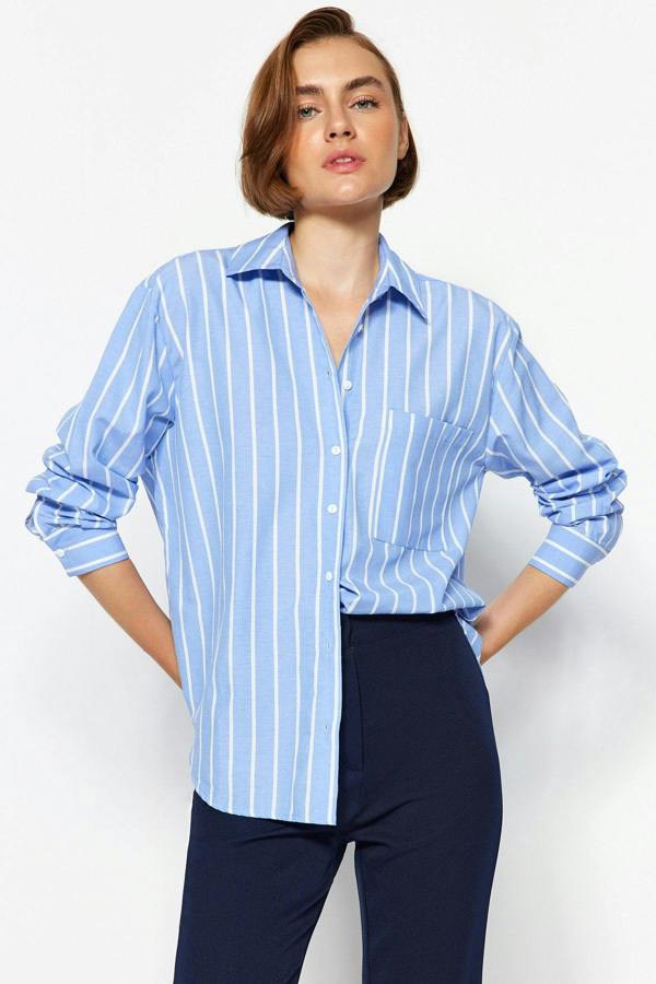 WOVCOR Oversized Single Pocket Long Sleeve Boyfriend Shirt
