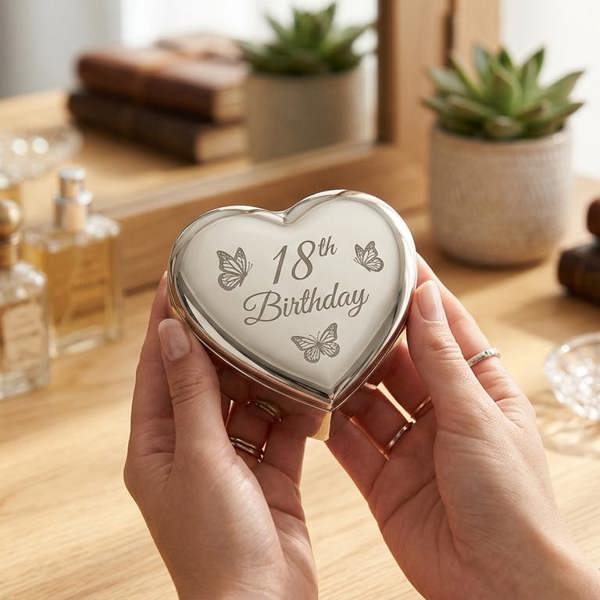 Abode Home & Gifts 18th Birthday engraved nickel-plated heart trinket box held over a wooden dressing table with perfume bottles and a vanity mirror.